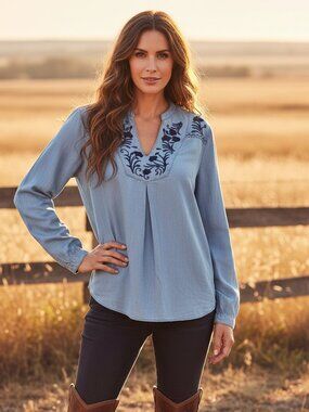 Standard‎ Grace S Women's Top Tunic Blue Chambray Embroidered Tunic Boho Chic